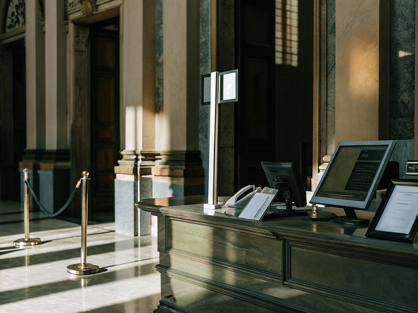Interior of a government building with a queue