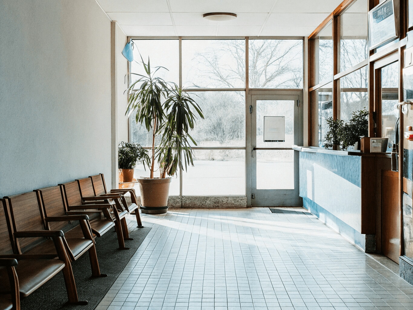 Bank lobby interior with tiled floor