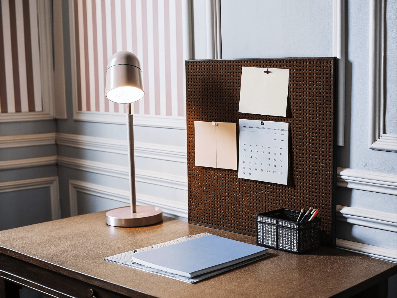 Cozy consultant workspace with desk lamp